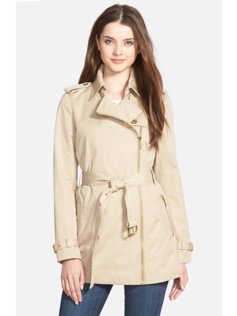 Michael Kors Asymmetrical Zip-Front Belted Trench Coat